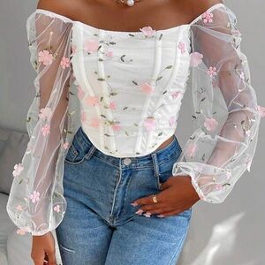 SHEIN White Floral Sheer Sleeve Blouse